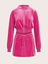 Rhinestone Letter Pattern Velvet Hoodie & Skirt